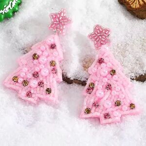 Glam Pink Christmas Tree Earrings with Rhinestones and Beads